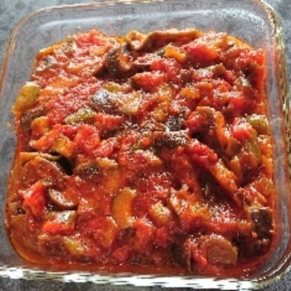 レシピ通りになすとピーマンとトマト缶で作りました。簡単で冷やしても美味しく食べれます。また作ります。
